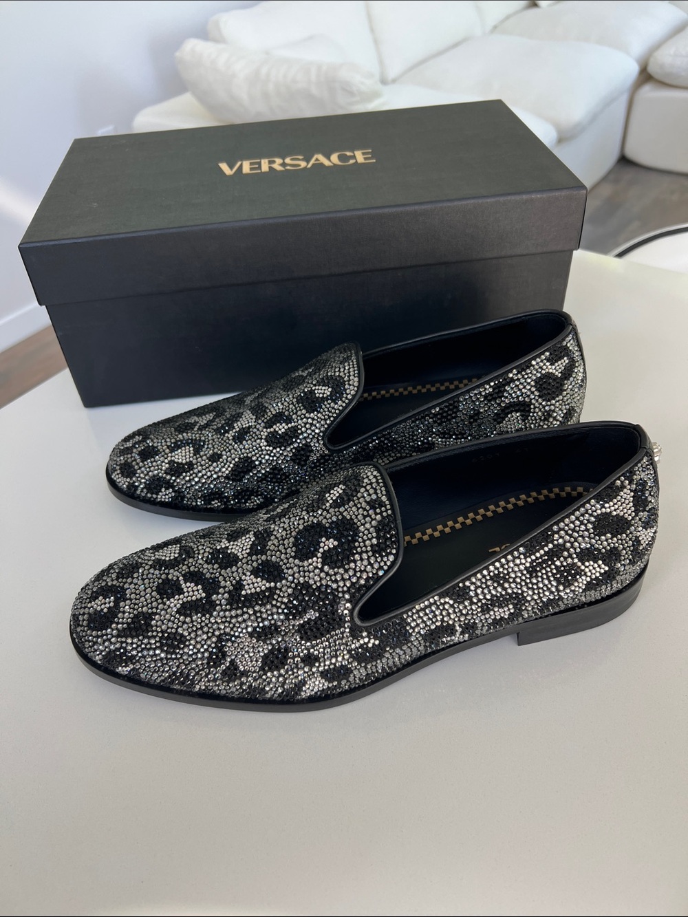 Versace silver and black leopard spot print crystal embellished Venetian loafers